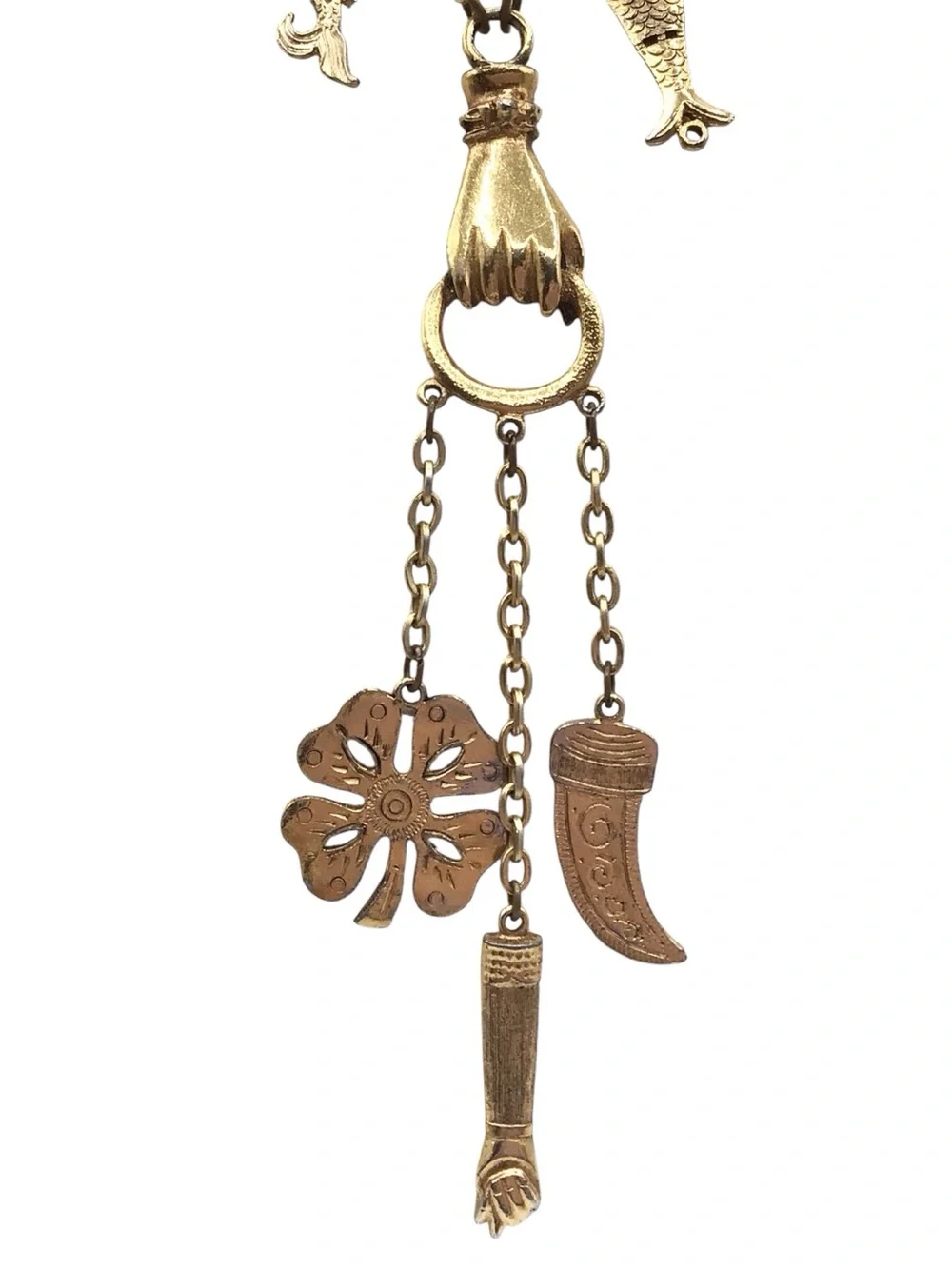 Vintage Gold-tone Hand Charm Talisman Necklace, Fish, Mermaid, Clover